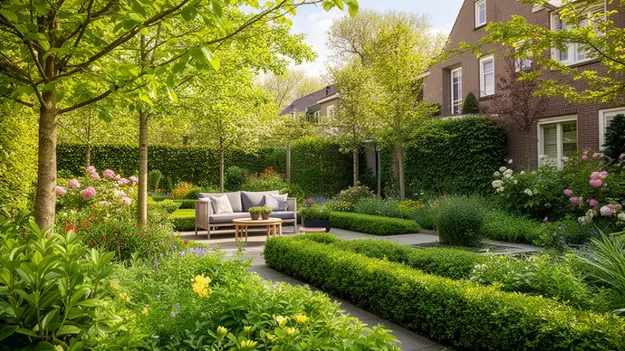 Sfeervolle aangelegde tuin met borders, terras en groen